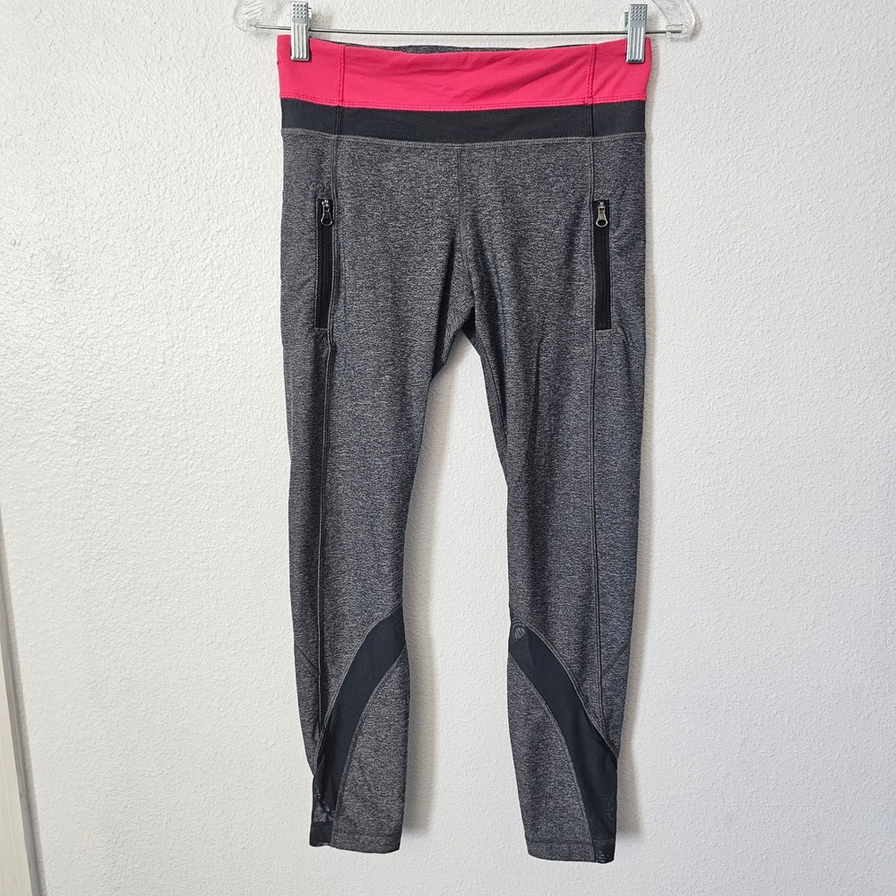 Lululemon Gray Pink Mesh Panel Zipper Pocket Athletic Leggings Size 6